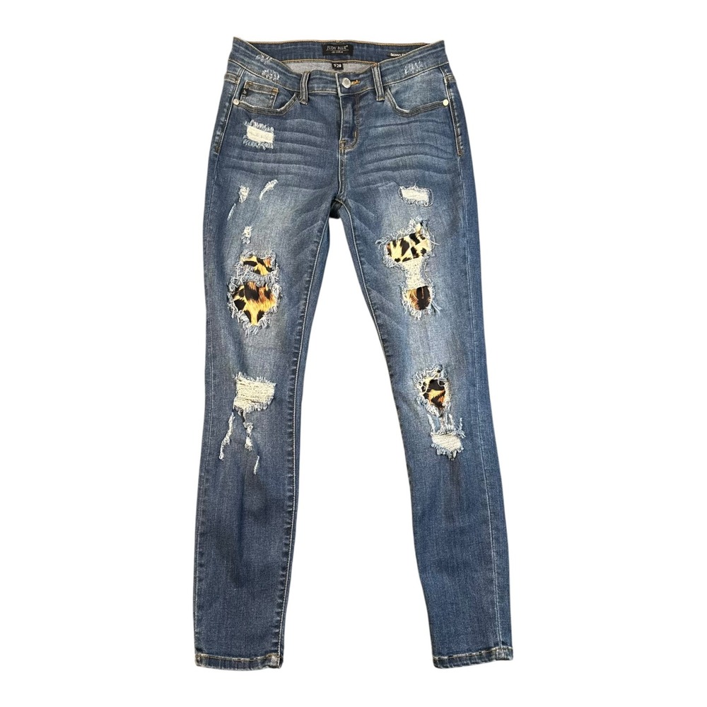 Judy Blue Skinny Fit Distressed Leopard Print Patch Jeans Medium Wash 7/28 647